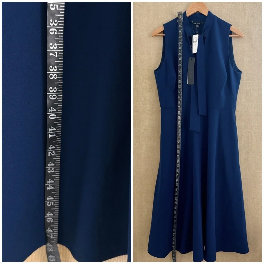 Black Halo Carolina Dress 14 Blue Career Sleeveless Modern Tie Neck Midi Length - Picture 14 of 16